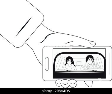 Una ragazza ed un tipo stanno guidando in un automobile. schermo del laptop Illustrazione Vettoriale