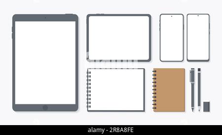 Copertina e banner della scrivania con gadget. Vista dall'alto del tavolo di lavoro e spazio libero per il testo con computer, computer portatile, notebook, caffè, telefono e. Foto Stock