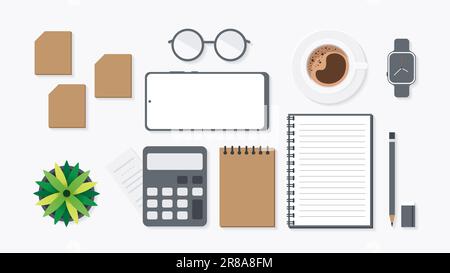 Copertina e banner della scrivania con gadget. Vista dall'alto del tavolo di lavoro e spazio libero per il testo con computer, computer portatile, notebook, caffè, telefono e. Foto Stock