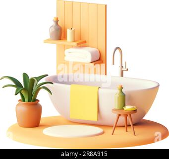 Bagno moderno Vector con vasca da bagno bianca. Mensole in legno, pianta in vaso e sgabello Illustrazione Vettoriale