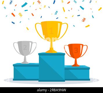 Podio vincitori con coppe trofei e confetti. Premiazione del premio vettoriale. Illustrazione Vettoriale