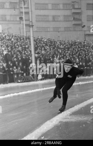 Effettivo 4-6-1947: WC su pattinaBoil ghiaccio per 10 secondi. Il Campionato Mondiale di Pattinaggio 1947 è andato nello stile di tutte le gare principali precedenti di quest'anno. Il clou è stato senza dubbio i 10.000 metri dove Sverre Farstad di Trønder combatté contro Finn Lassi Parkkinen. La tribuna era piena di emozioni durante tutta la gara, ma il trønder non è stato in grado di appendere a Parkkinen. Farstad ha trascorso esattamente 10 secondi troppo, ed è diventato campione del mondo finlandese. Foto: Aktuell / NTB ***FOTO NON ELABORATA*** Foto Stock