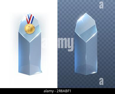 3d set di icone vettoriali realistiche. Trofeo di cristallo con o senza medaglia d'oro. Illustrazione Vettoriale