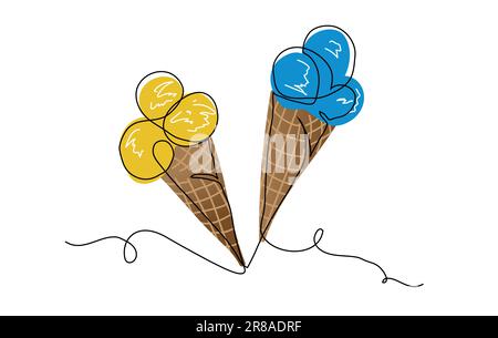 Due coni di gelato vettoriali iliustrazione nei colori ucraini giallo e blu. Una linea Art gelato coni Illustrazione Vettoriale