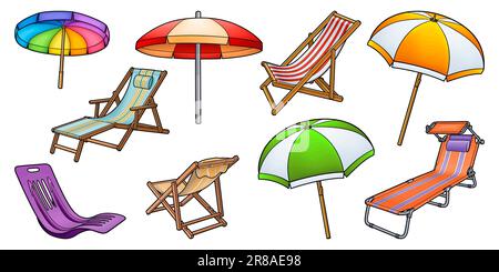 Set di cartoni animati con lettini e ombrelloni. Estate spiaggia oggetti vettore divertente illustrazione. Isolato su sfondo bianco Illustrazione Vettoriale