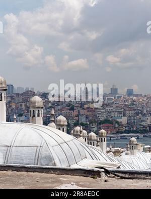 Vista sui tetti attraverso il fiume Corno d'Oro fino alla Torre Galata dai terreni della Moschea Suleymaniye, Istanbul, Turchia Foto Stock