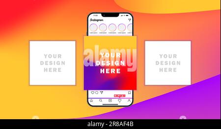 Avanzamento Instagram. Interfaccia applicazioni. Attività, notizie, follower, abbonamento, come, storie, nuovo post. Apple iPhone mockup. Sfondo del modello app Illustrazione Vettoriale