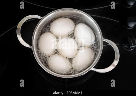 Le uova di pollo sono bollite in una pentola di acciaio sul fornello incorporato. Uovo bollito Foto Stock