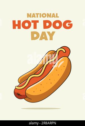 Scritta nazionale Hot Dog Day con hot dog. Cartone animato. Concetto del poster Illustrazione Vettoriale