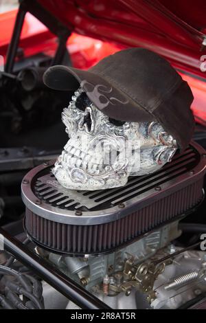 Father's Day Auto Show - Hyannis, Massachusetts, Cape Cod - USA. Un cranio siede sopra il motore di un'automobile in esposizione Foto Stock
