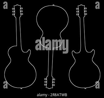 Tradizionale forma di chitarra linea bianca contorni silhouette isolate su uno sfondo nero Foto Stock