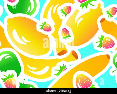 Motivo a base di frutta senza cuciture con limone, mele, banane e fragole in stile 3D. Mix estate frutti di bosco, colori succosi. Design per stampa, striscioni e p Illustrazione Vettoriale