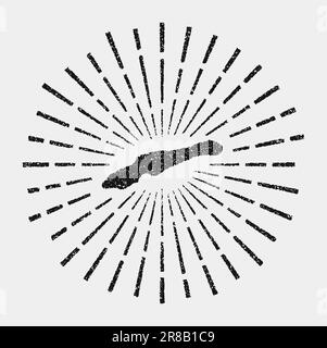Mappa vintage di Little Cayman. Il sole grunge scoppiò intorno all'isola. Nero piccola forma Cayman con raggi del sole su sfondo bianco. Illustrazione vettoriale. Illustrazione Vettoriale