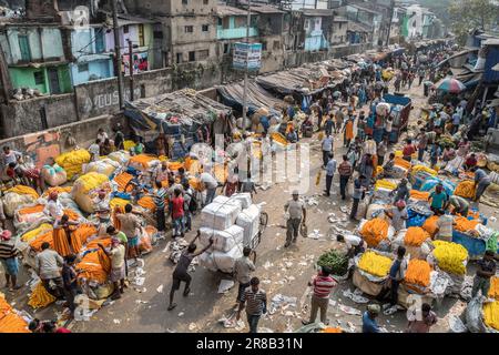 Il mercato dei fiori di Mallick Ghat a Kolkata, India Foto Stock
