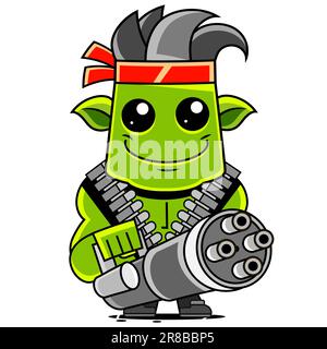 Gli orchi giganti e divertenti dei cartoni animati ospitano delle mazze di legno. Simpatici personaggi fantasy. Abitanti delle caverne vettoriali. Design per stampa, emblema, t-shirt, halloween Illustrazione Vettoriale