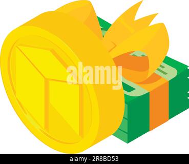 Vettore isometrico dell'icona della criptovaluta neo. Moneta neo dorata e banconota da dollaro. Denaro digitale, concetto di criptovaluta Illustrazione Vettoriale