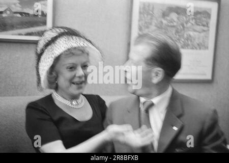 Corrente 39-2-1960 : l'oro vecchio luccica sul siero. Kongsbergethylene è abbastanza buono, assicura Birger Ruud.Sonja Henie piuttosto parlare delle sue opere non figurative dipinti e sulla grande mostra che avrà. Così tanto oro olimpico non è mai stato raccolto in questo paese come a Mysen ieri notte 30 agosto. In quella notte storica, l'Olympiaklubben è stata fondata da Sonja Henie, che si è eletta presidente perché era l'unica ragazza d'oro in ogni senso. Solo i medagliatori olimpici possono unirsi a questo club molto esclusivo. Foto: Sverre A. Børretzen / Aktuell / NTB Foto Stock