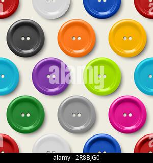 Modello vettoriale senza cuciture con 3D pulsanti realistici per Closeup vestiti isolato. Moda, Arte, lavoro a aghi, cucito, decorazione Scrapbooking. Vestiti rotondi Illustrazione Vettoriale