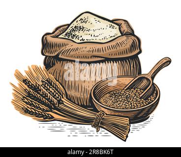 Farina di pane in sacco di tela, ciotola di grano con paletta di legno e spighe di grano. Illustrazione di vettore di cibo di fattoria Illustrazione Vettoriale