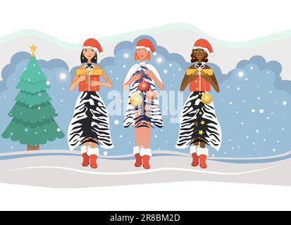 Tre ragazze sono pronte per il nuovo anno, Natale. Ragazze multinazionali in cappelli Santa e abiti con stampa tigre con regali e palle di Capodanno. Illustrazione Vettoriale