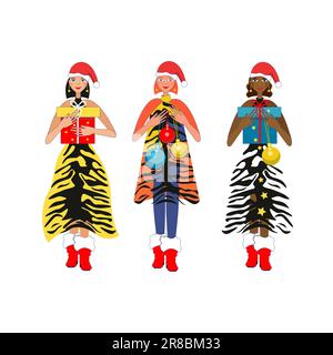 Una collezione di ragazze vestite in su per il nuovo anno, Natale ragazze multietniche con i regali del nuovo anno e le sfere di Natale isolate su bianco. Illustrazione Vettoriale