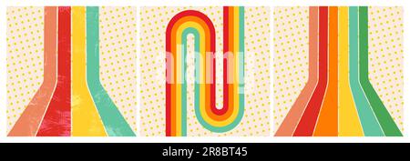 Retro Daisy Flower Power background Concept, 70s era Boho Rainbow Stripe Line Wave Pattern, Groovy Abstract Poster Graphic Design, Vintage Floral Art, Foto Stock