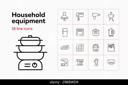 Set di icone della linea di apparecchi domestici. Serie di icone di linea su sfondo bianco. Concetto di famiglia. Ferro da stiro, microonde, forno, mixer. L'illustrazione vettoriale può essere Illustrazione Vettoriale