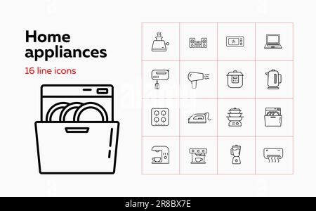 Set di icone della linea degli elettrodomestici. Serie di icone di linea su sfondo bianco. Concetto di famiglia. Ferro da stiro, microonde, forno, mixer. È possibile utilizzare l'illustrazione vettoriale Illustrazione Vettoriale