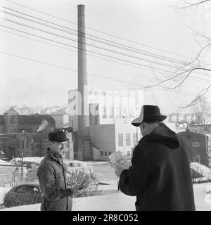 Effettivo 56-7-1960: Tuta o tute bonus di Natale sono diventati luogo comune a molte aziende. Ma non tutti i manager aziendali sono stati fortunati con la distribuzione. In molti luoghi di lavoro, la questione della gratiale o non è dipesa dal problema: Tuta o tute. Il lavoratore riceve NOK 250 come bonus di Natale. Questo collega è stato nel servizio dell'azienda per più di 20 anni. Quando l'imposta viene dedotta, sarà inferiore a 10 NOK. all'anno! Il funzionario riceve NOK 800. La differenza tra un operaio del collare bianco e un operaio oggi è soltanto questa: Un operaio del collare bianco è pagato mensilmente, Foto Stock