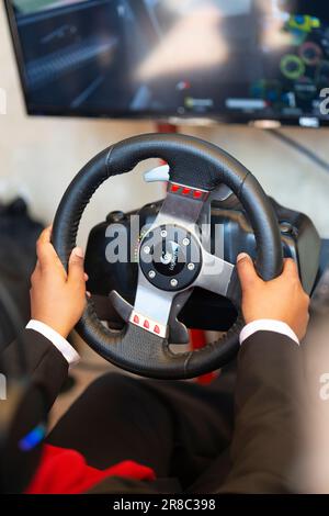 Mani di un uomo su un volante, mentre gioca un gioco di corse Foto Stock