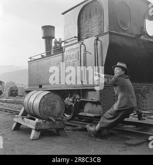 Corrente 17-1950: Industria nel deserto e Between montagne innevate al confine svedese, lontano ad est di Bodø, si trova Sulitjelma. La popolazione di questa città di montagna dipende completamente dall'attività mineraria e dalle loro miniere. Le comunicazioni sono scarse. In primavera e in autunno, Sulitjelma può essere completamente isolato dal mondo esterno. Le 3.000 persone che vivono lì sono tutte 'noi' e vivono la propria vita - quasi come uno stato all'interno di uno stato. Foto: Sverre A. Børretzen / Aktuell / NTB ***FOTO NON ELABORATA*** Foto Stock