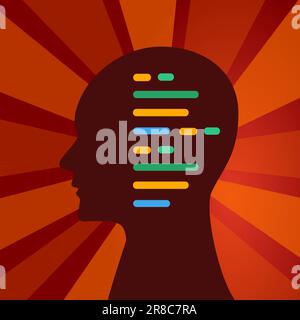 La rivoluzione dell'intelligenza artificiale AI, la propaganda rossa, il design retrò, testa con riga di codice Illustrazione Vettoriale