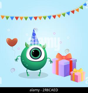 Un mostro rotondo carino in un cappellino di compleanno sta tenendo un pallone. Illustrazione vettoriale Illustrazione Vettoriale