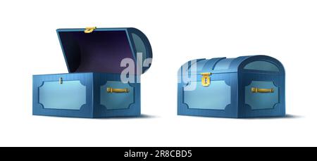 Icona vettore stile cartone animato. Scrigno in legno di colore blu aperto e chiuso. Isolato su sfondo bianco. Illustrazione Vettoriale