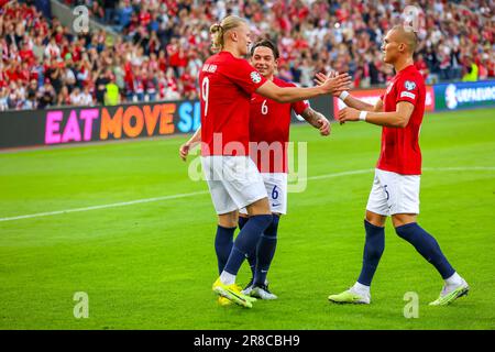 Oslo, Norvegia, 20th giugno 2023. Il norvegese Erling Braut Haaland festeggia il punteggio di una penalità per il 2-0 nella qualificazione UEFA euro 2024 tra Norvegia e Cipro al Ullevål Stadium di Oslo Credit: Frode Arnesen/Alamy Live News Foto Stock