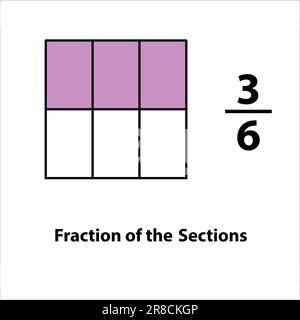 Frazione tre per sei della divisa in sezioni. Frazioni per l'icona Vector Flat Outline (contorno piatto vettore). isolato su sfondo bianco. illustrazione. Illustrazione Vettoriale