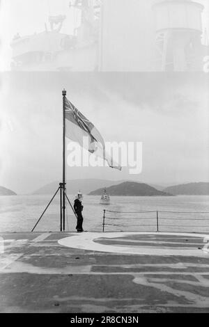 Attuale 12-3-1947: Italiano Fåtebösek unità della British Home Fleet Visita le città costiere norvegesi all'inizio di giugno. A bordo di 'Vengeance' era il Comandante-in-Capo della Marina britannica, primo Signore del mare, Ammiraglio Cunningham. Questa prima visita ufficiale della flotta britannica dopo la guerra è avvenuta su iniziativa norvegese, come un saluto e grazie alla Marina britannica. Foto: Aktuell / NTB ***FOTO NON ELABORATA*** Foto Stock