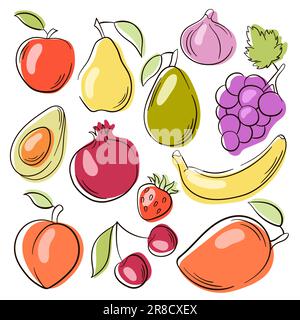 Frutta, raccolta di icone linea piatta bacche. Grande set di icone. Melograno, avocado, ciliegia, mango, pesca. Illustrazione Vettoriale