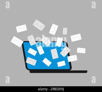 E-mail e computer. Le lettere escono dal computer portatile. Il concetto di posta in arrivo Illustrazione Vettoriale