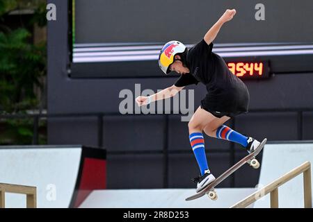 Roma, Italia. 21st giugno, 2023. Treni Ginwoo Onodera del Giappone durante il World Skateboarding Tour Roma Street 2023 a Roma, parco Colle Oppio, 20th giugno 2023. Credit: Insidefoto di andrea staccioli/Alamy Live News Foto Stock