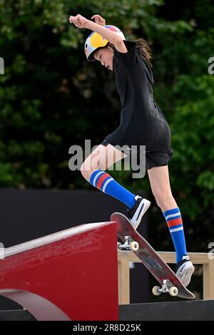 Roma, Italia. 21st giugno, 2023. Treni Ginwoo Onodera del Giappone durante il World Skateboarding Tour Roma Street 2023 a Roma, parco Colle Oppio, 20th giugno 2023. Credit: Insidefoto di andrea staccioli/Alamy Live News Foto Stock