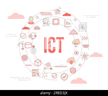 concetto di tecnologia dell'informazione e della comunicazione ict con banner modello con set di icone e illustrazione di forma circolare Foto Stock