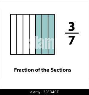 Frazione di divisa in sezioni 3 per 7. Frazioni per l'icona Vector Flat Outline (contorno piatto vettore). isolato su sfondo bianco. illustrazione. Illustrazione Vettoriale