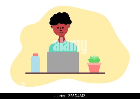Giovane afroamericano che si sente triste al lavoro. Concetto di burnout del lavoro. Confuso personaggio maschile nero seduto in ufficio. Esaurimento fisico o emotivo Illustrazione Vettoriale