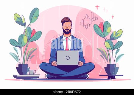 Uomo d'affari moderno seduto in una posa di loto e lavorando su un computer portatile su uno sfondo rosa con fiori. Illustrazione vettoriale del concetto di ambiente di lavoro pacifico. Illustrazione Vettoriale