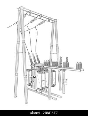 Sottostazione trasformatore elettrico a reticolo. Sottostazione della rete elettrica - illustrazione vettoriale. Sottostazione elettrica. Il trasformatore ad alta tensione e l'interruttore Illustrazione Vettoriale