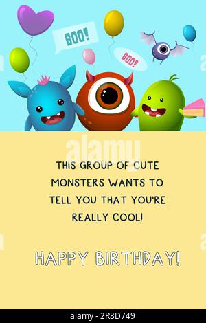 cartolina vettoriale. simpatici mostri buon compleanno saluto. con bollature sullo sfondo. Illustrazione Vettoriale