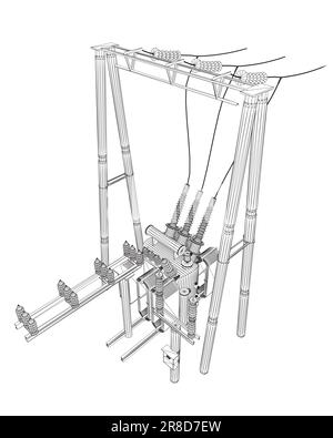 Sottostazione trasformatore elettrico a reticolo. Sottostazione della rete elettrica - illustrazione vettoriale. Sottostazione elettrica. Il trasformatore ad alta tensione e l'interruttore Illustrazione Vettoriale
