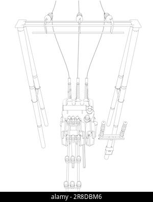 Descrizione sottostazione trasformatore elettrico. Sottostazione della rete elettrica - illustrazione vettoriale. Sottostazione elettrica. Il trasformatore ad alta tensione e l'interruttore. Illustrazione Vettoriale