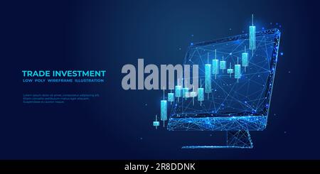 Concetto di mercato azionario digitale. Candele blu a basso contenuto di poli sul monitor. Illustrazione Vettoriale